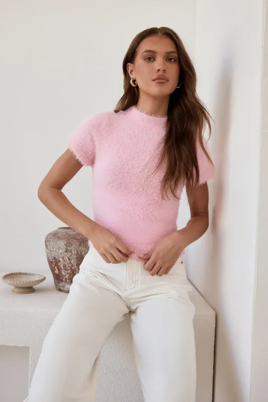 Old Money Hour Fluffy Knit Short Sleeve Sweater Pink made by Hello Molly