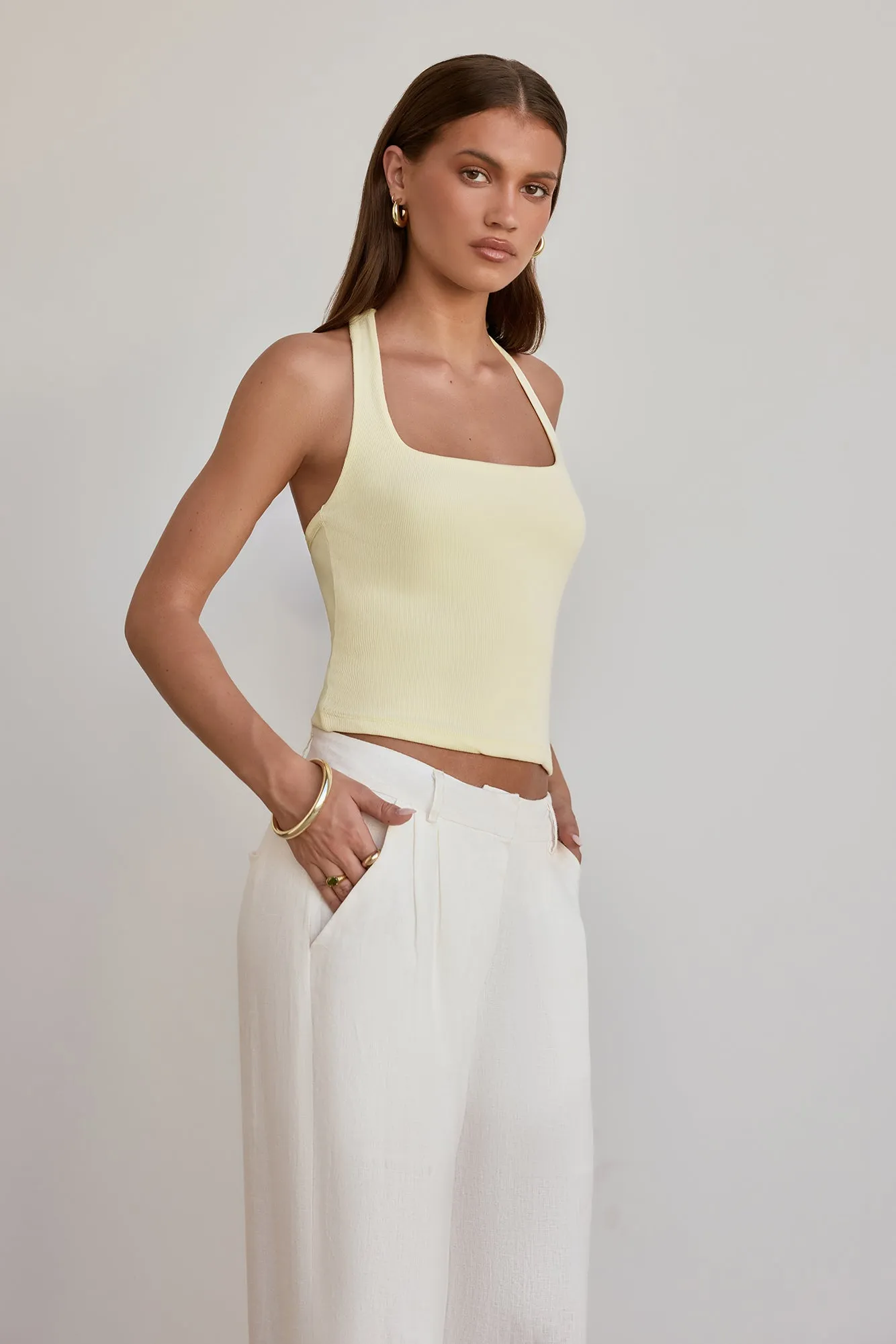 BASE Luxe Rib Simple Silhouette Halter Top Yellow sold by Fortunate One