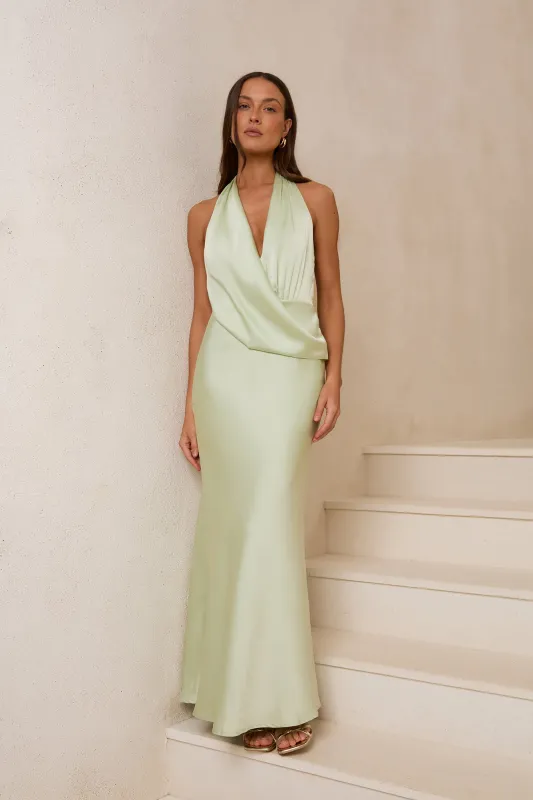 Charm Of Yours Satin Halter Maxi Dress Pistachio made by Hello Molly