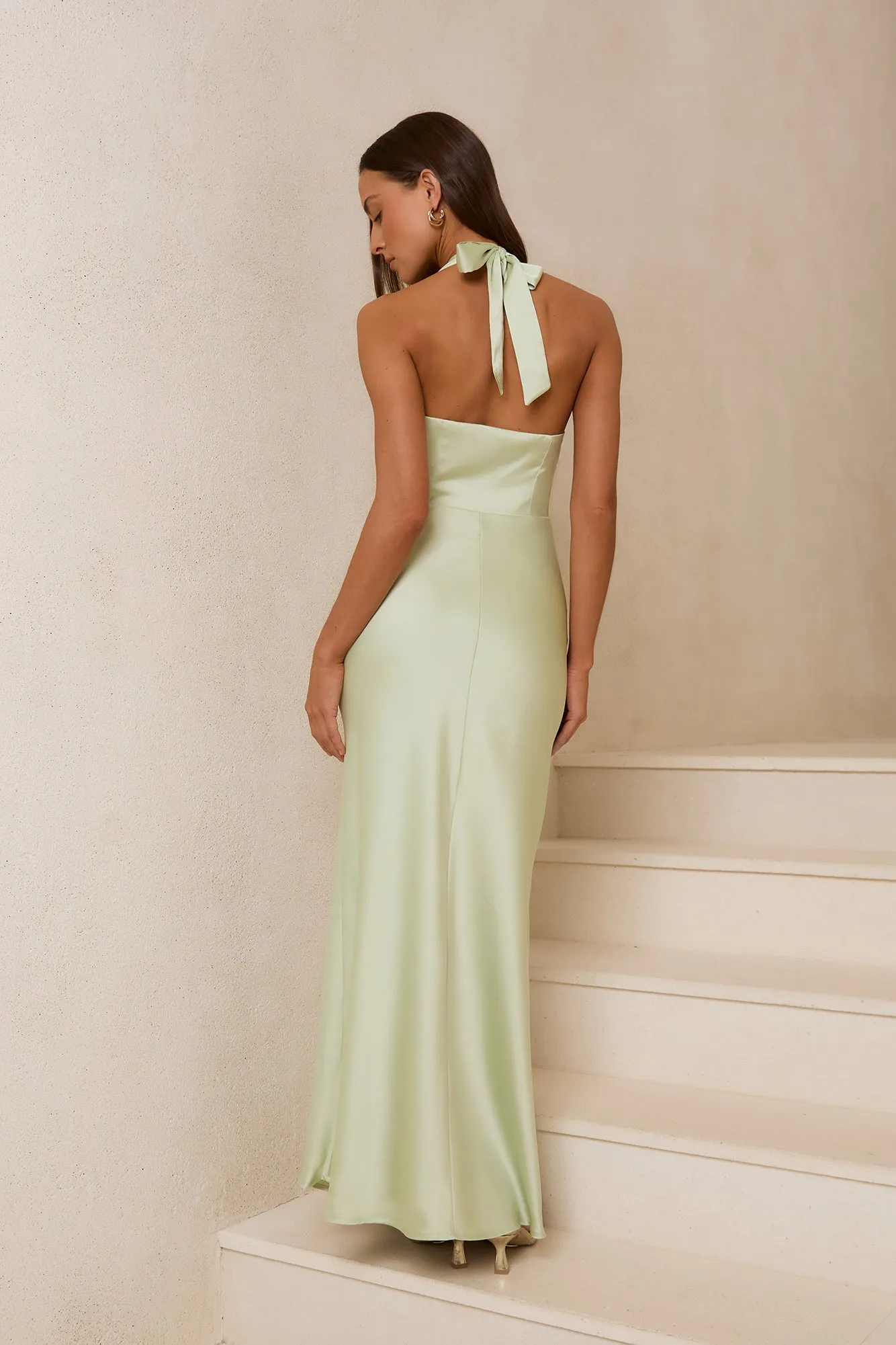 Charm Of Yours Satin Halter Maxi Dress Pistachio sold by Fortunate One product image thumbnail 2