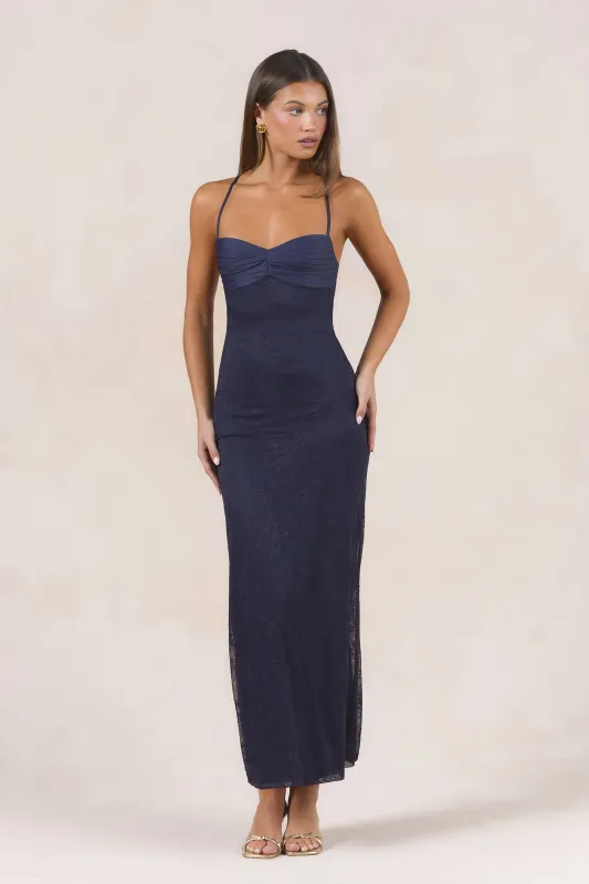 Counting The Seconds Lace Mesh Maxi Dress Navy made by Hello Molly