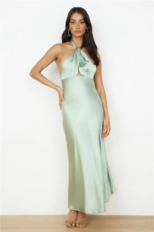In My Feelings Satin Maxi Dress Sage sold by Fortunate One