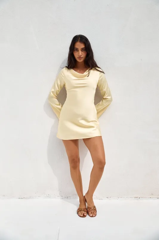 Elegant Evenings Satin Mini Dress Yellow sold by Fortunate One