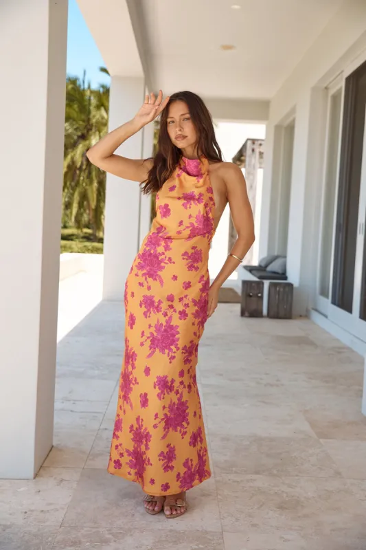 Sunset Skies Halter Maxi Dress Orange sold by Fortunate One