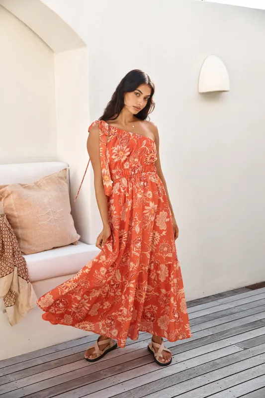 Beach Vibe One Shoulder Satin Maxi Dress Orange | Parallel