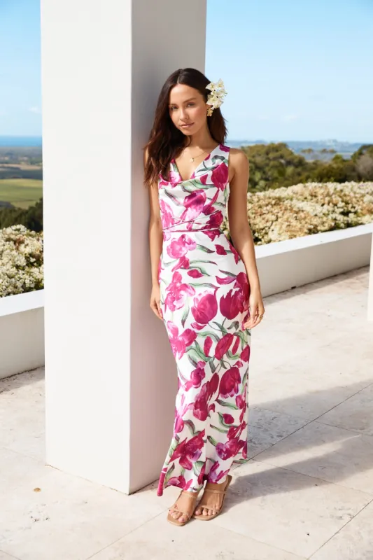 Garden Tour Satin Maxi Dress Pink sold by Fortunate One