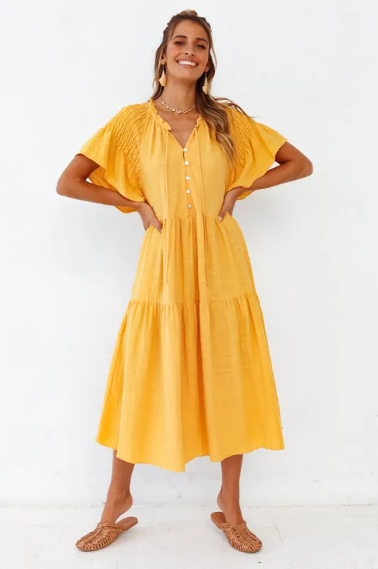 Starry Streets Midi Dress Mustard sold by Fortunate One