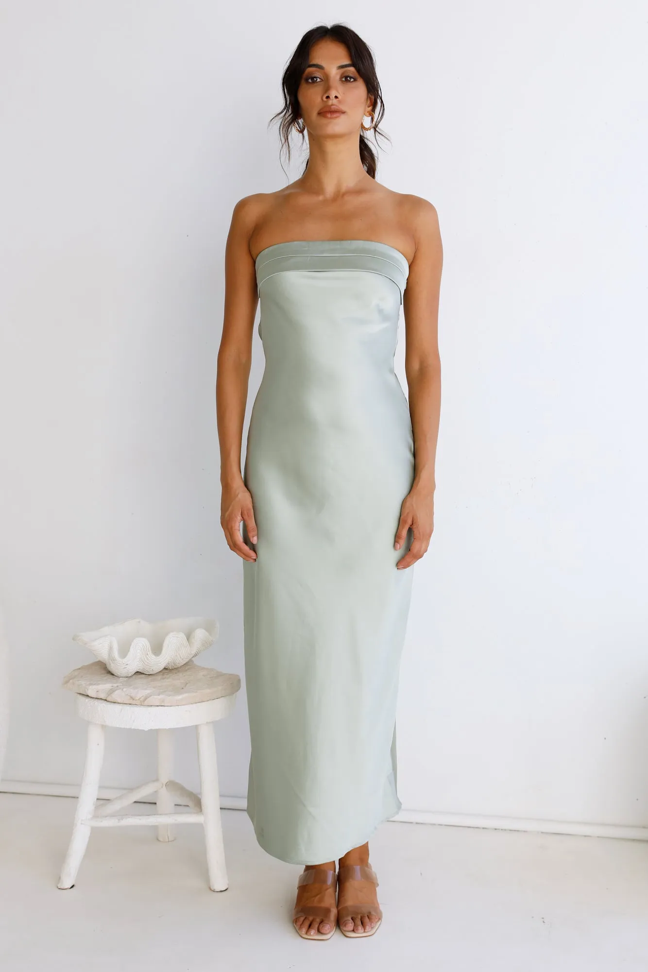 Gleam In Gold Maxi Dress Light Green sold by Fortunate One