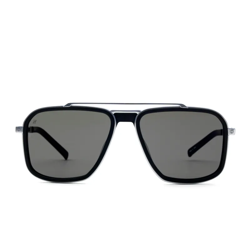 Silver Matte Squared Sunglasses with Red Mirror Lens sold by MARAIS
