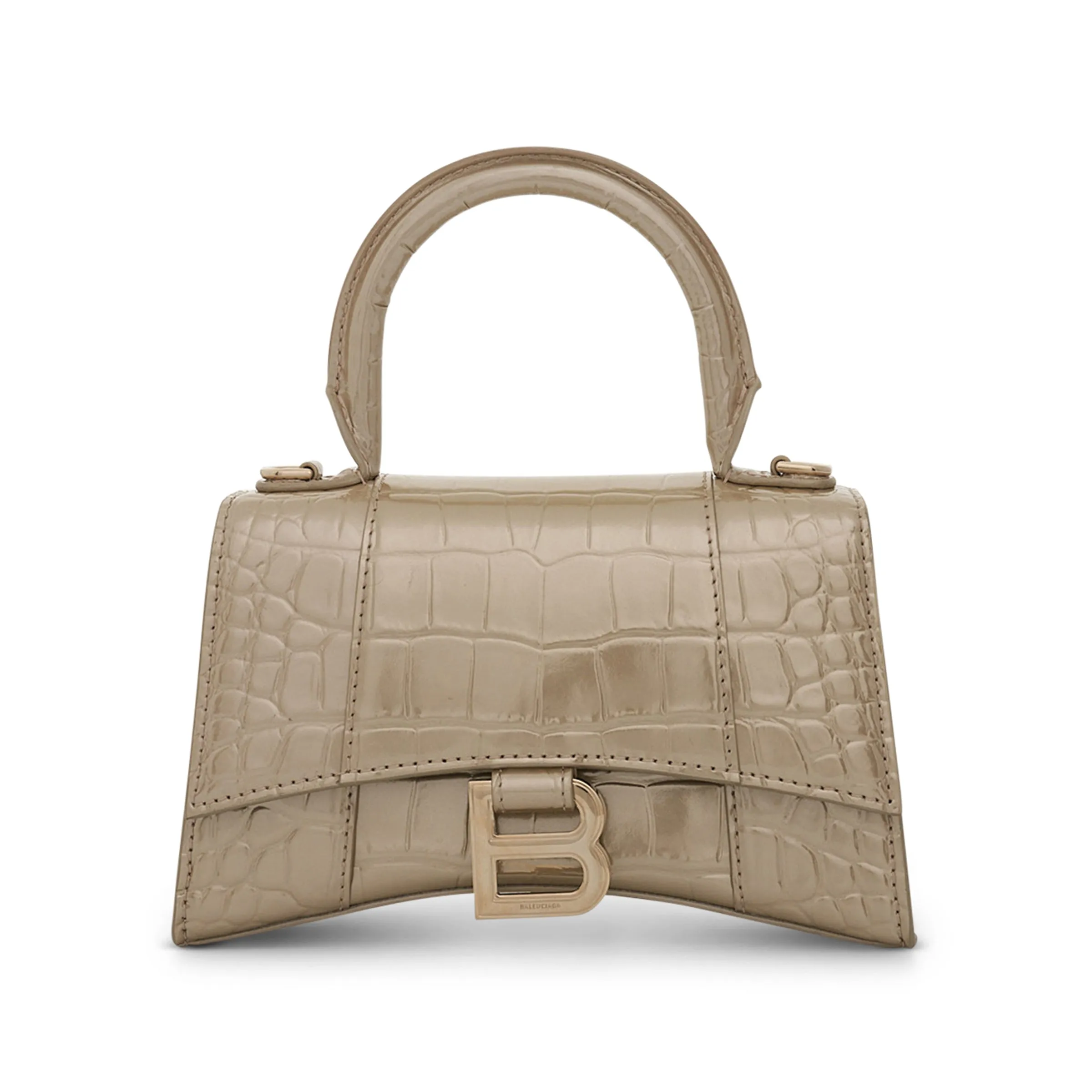 Hourglass XS Metallized Croco Embossed Bag in Light Gold sold by MARAIS