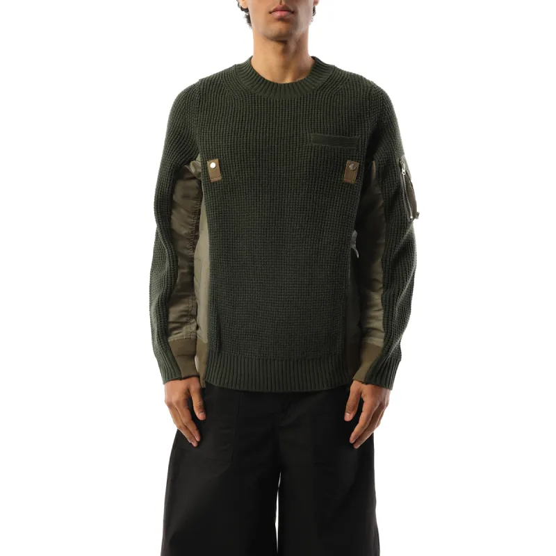 Nylon Twill x Wool Knit Pullover in Khaki sold by MARAIS