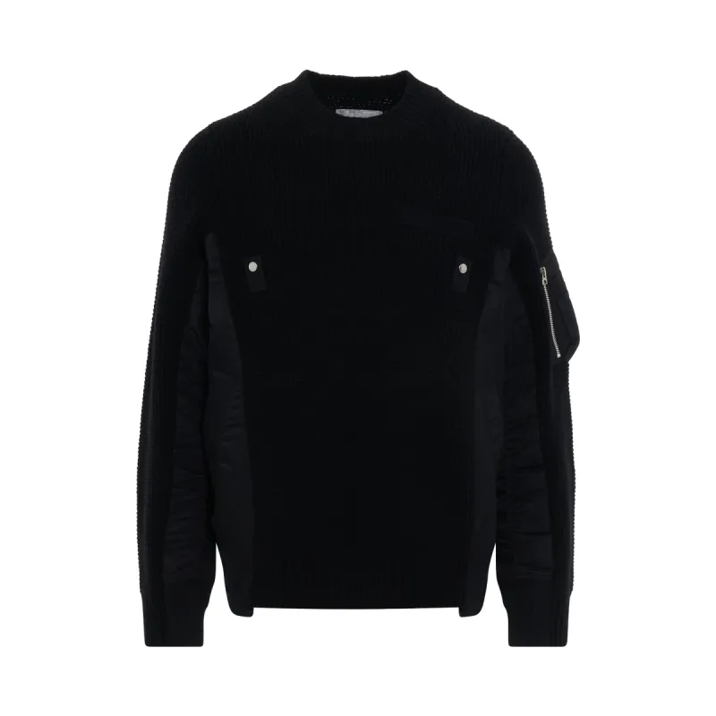 Nylon Twill x Wool Knit Pullover in Black sold by MARAIS