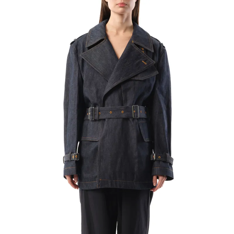 Denim Rider Trench in Raw Indigo sold by MARAIS