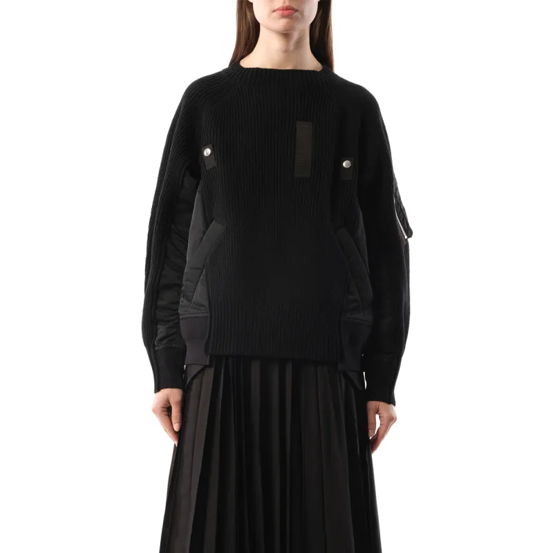 Wool Knit x Nylon Twill Pullover in Black sold by MARAIS