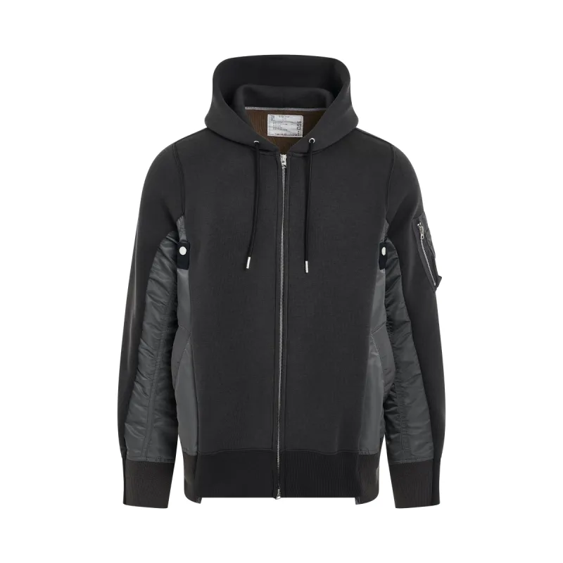 Sponge Sweat & Nylon Twill Zip Hoodie in Charcoal Grey sold by MARAIS