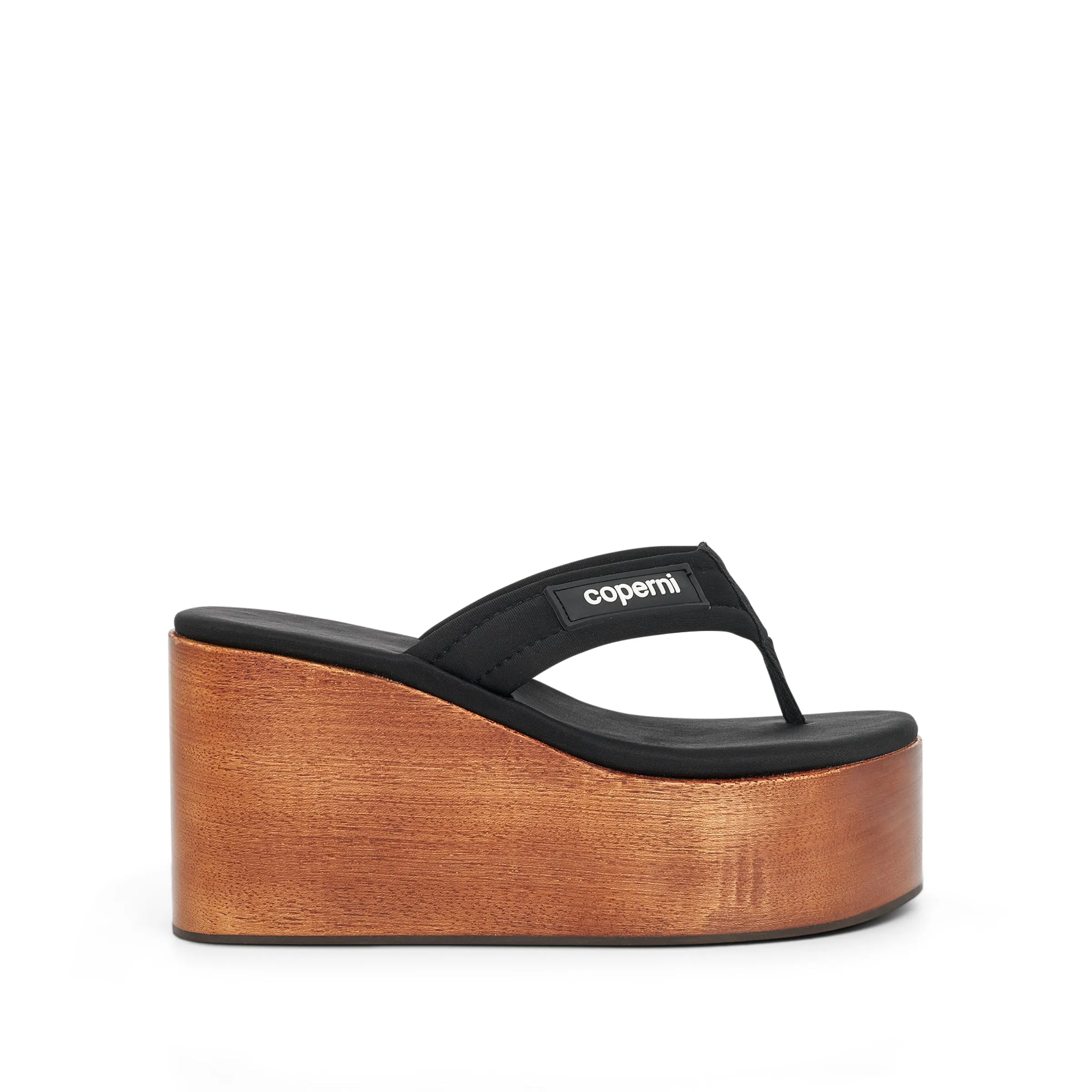Wooden Branded Wedge Sandal in Black/Brown sold by MARAIS