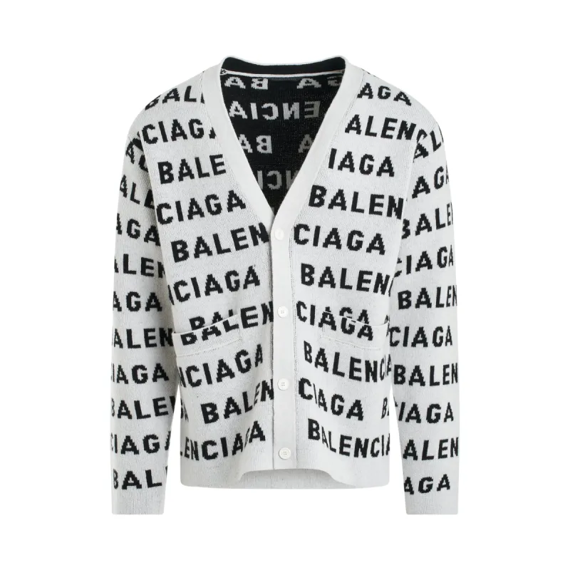 All-Over Logo Knit Cardigan in White/Black sold by MARAIS