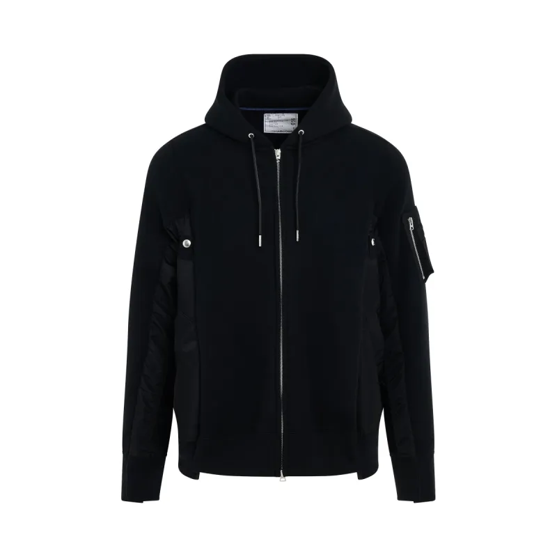 Sponge Sweat & Nylon Twill Zip Hoodie in Black sold by MARAIS