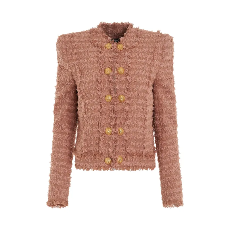 Collarless Side To Side Tweed Jacket in Dark Nude sold by MARAIS