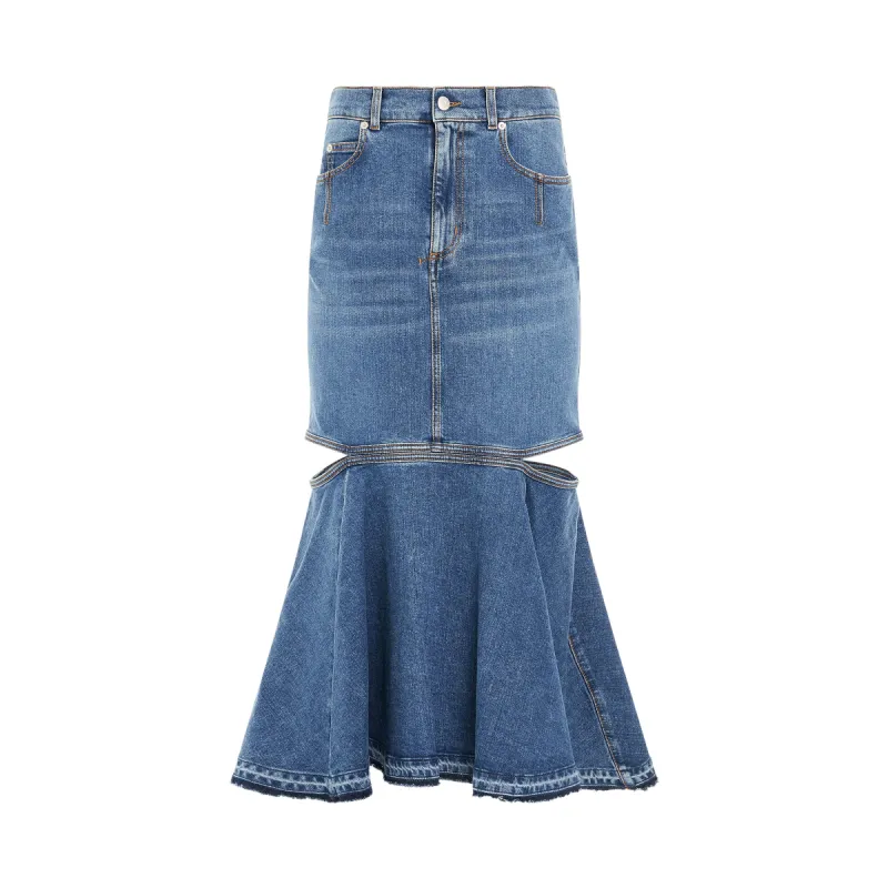 Slashed Midi Denim Skirt in Blue Wash sold by MARAIS