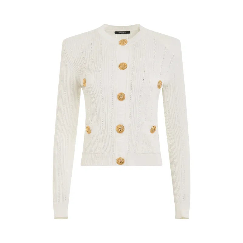 Buttoned Knit Short Cardigan in White sold by MARAIS