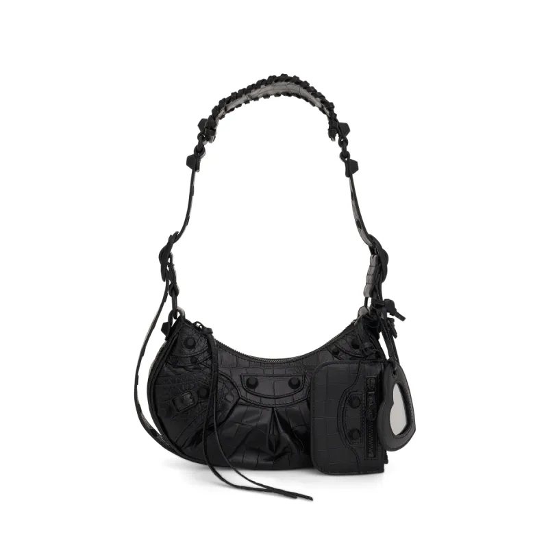 Le Cagole XS Croco Embossed Shoulder Bag in Black sold by MARAIS