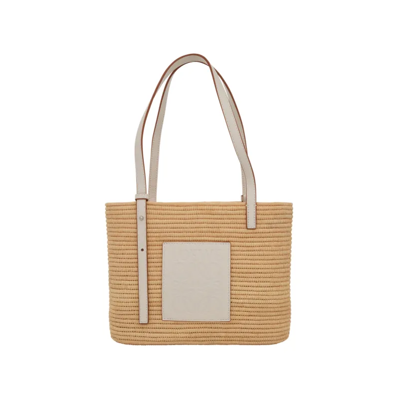Small Square Basket Bag in Raffia and Calfskin in Natural/White sold by MARAIS