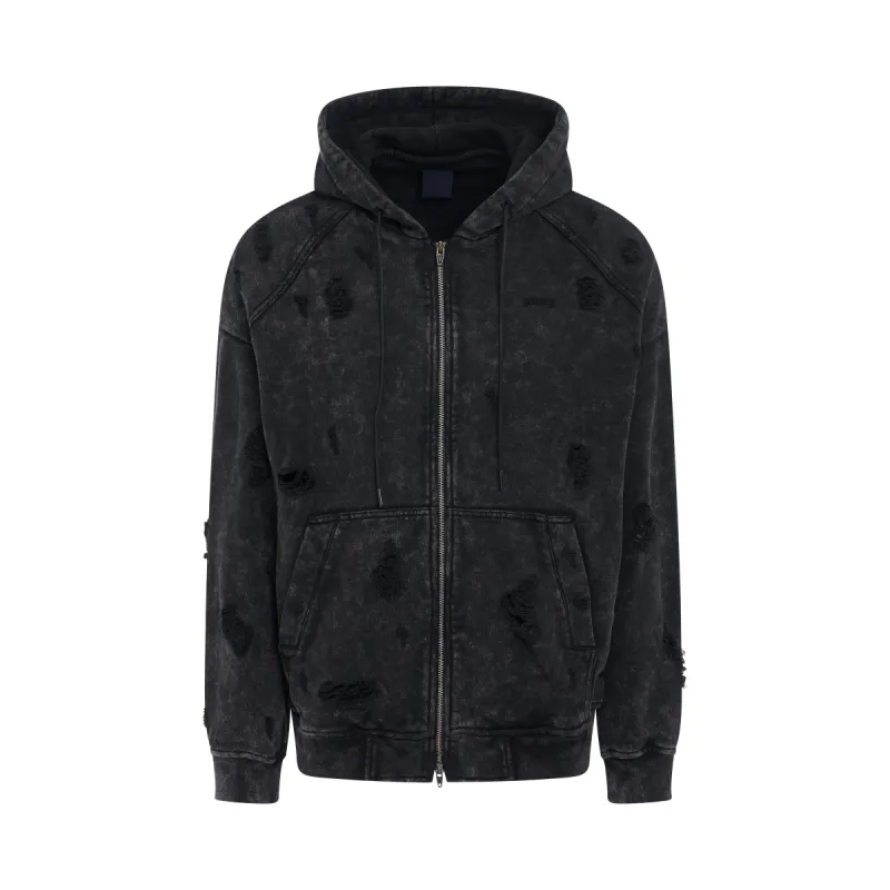 Garment Dyed Distressed Zip Up Hoodie in Grey sold by MARAIS