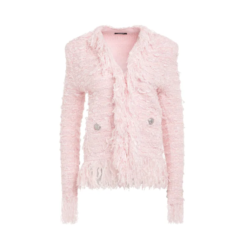 Iridescent Fringe Tweed Side to Side Jacket in Light Pink sold by MARAIS