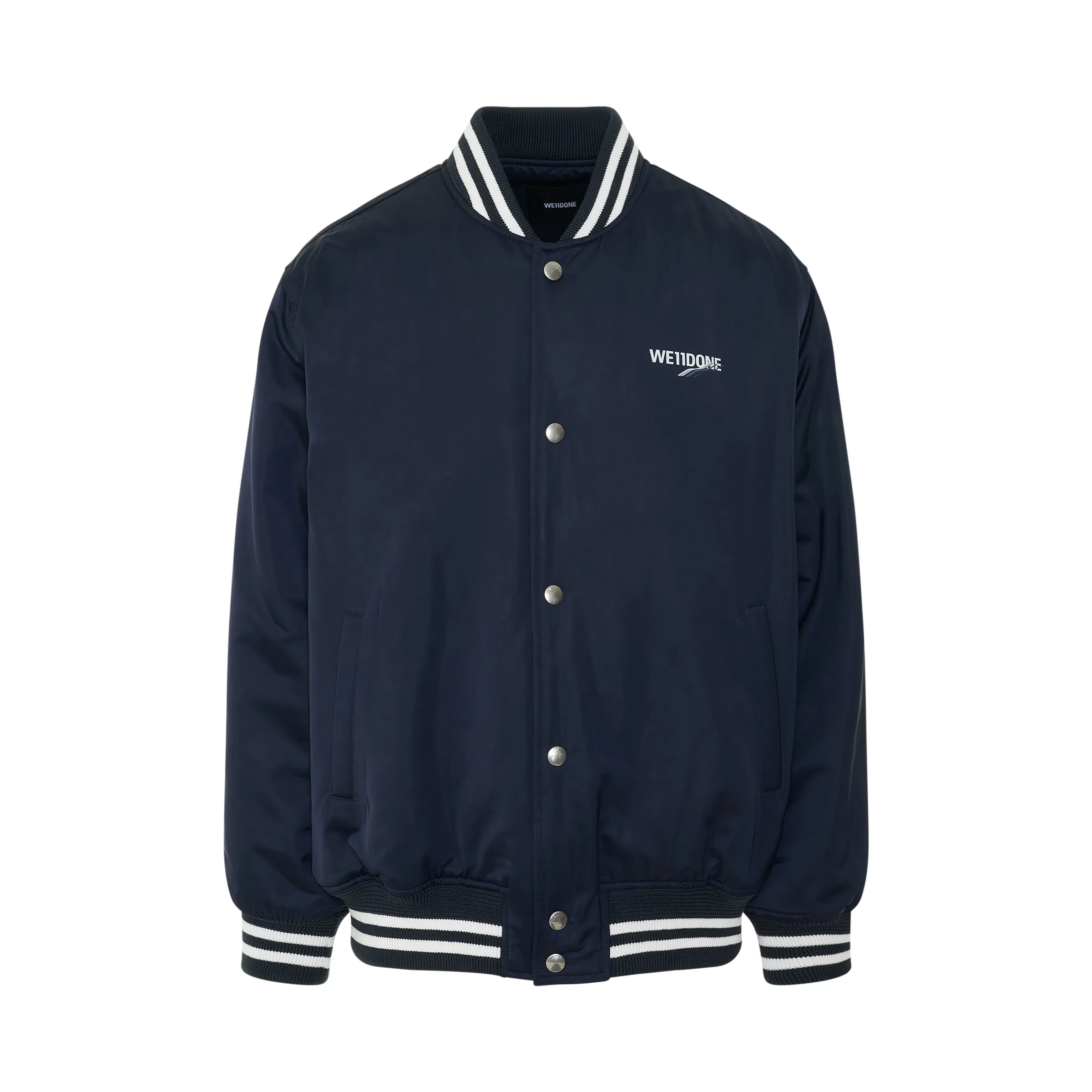 Oversized WD Logo Print Satin Bomber Jacket in Navy sold by MARAIS
