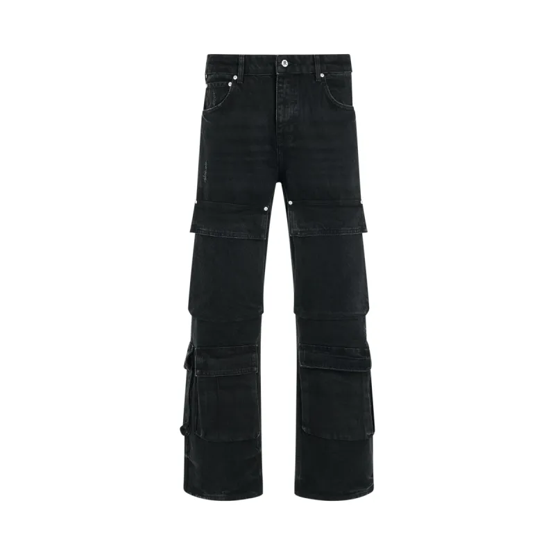 R3CA Cargo Denim Pants in Black sold by MARAIS