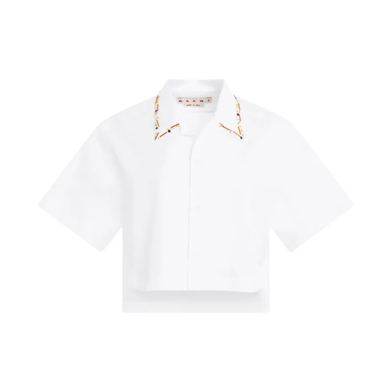Beaded Collar Cropped Bowling Shirt in Lily White sold by MARAIS