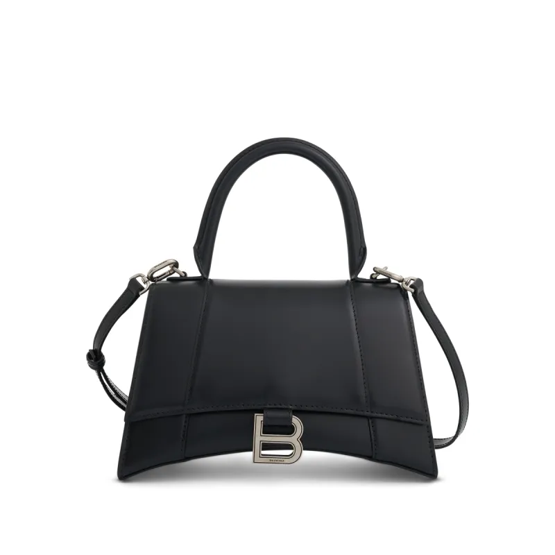 Hourglass Small Handbag in Box Calfskin in Black with Silver Plaque sold by MARAIS