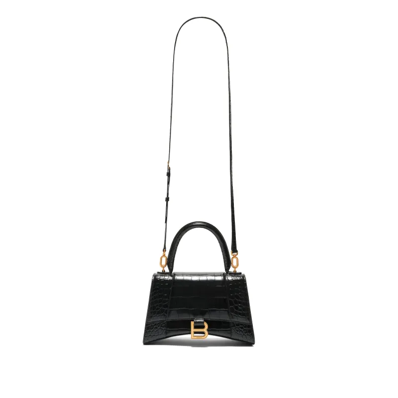 Hourglass Small Croco Embossed Bag in Black with Gold Plague sold by MARAIS