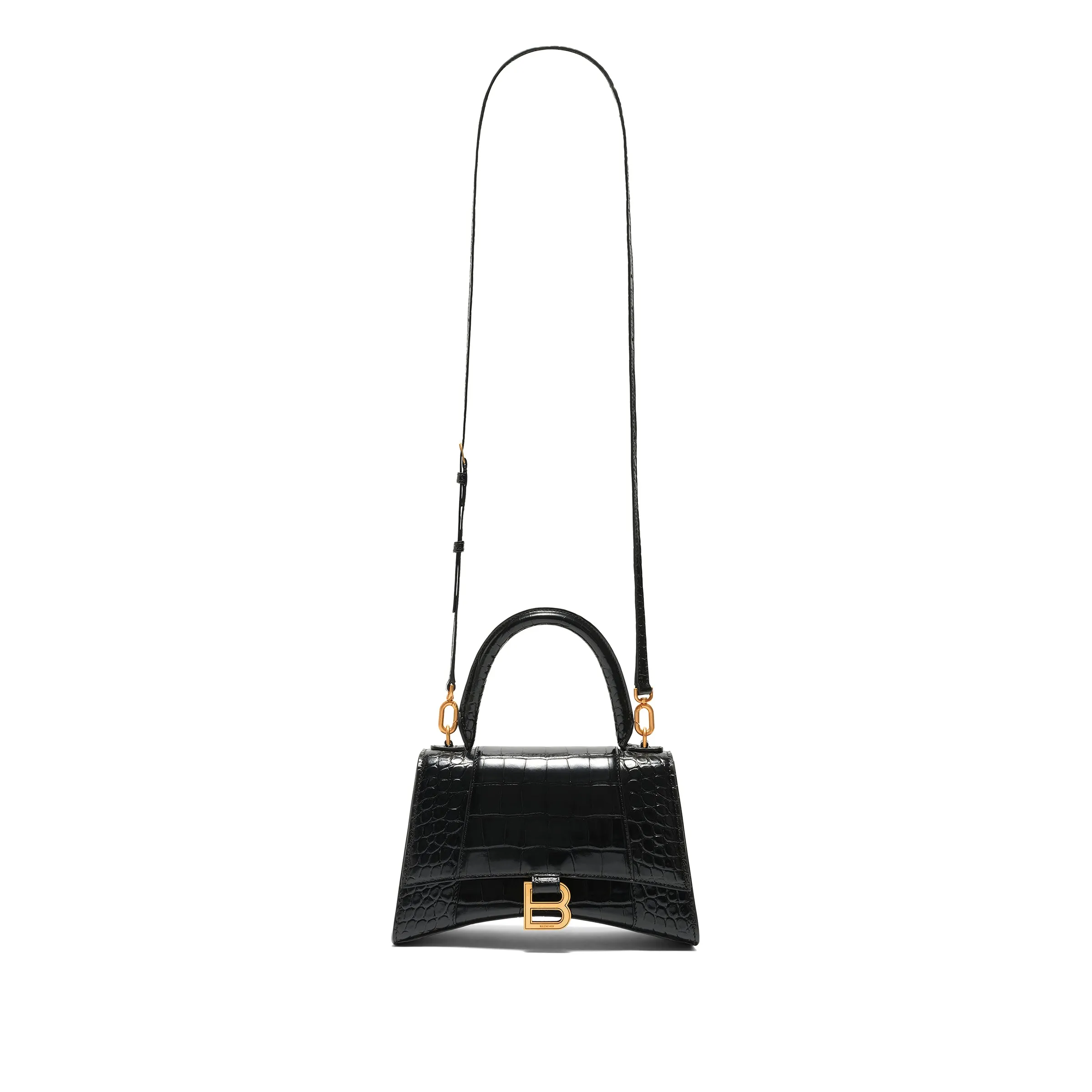 Hourglass Small Croco Embossed Bag in Black with Gold Plague sold by MARAIS