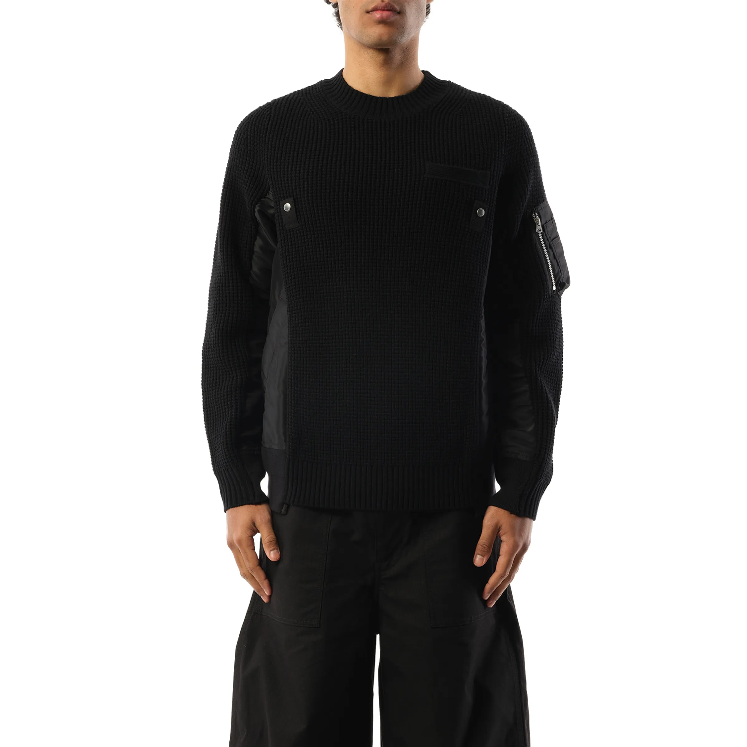 Nylon Twill x Wool Knit Pullover in Black sold by MARAIS