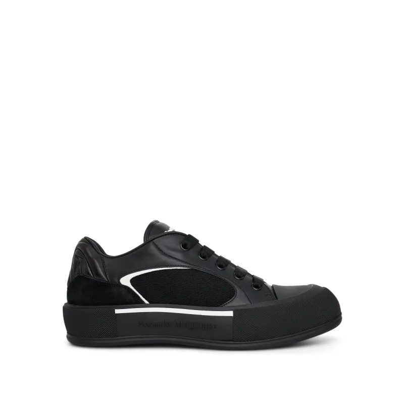 New Deck Lace-Up Plimsoll Sneaker in Black/White sold by MARAIS