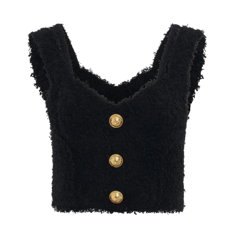 Strapped Tweed Cropped Top in Black sold by MARAIS