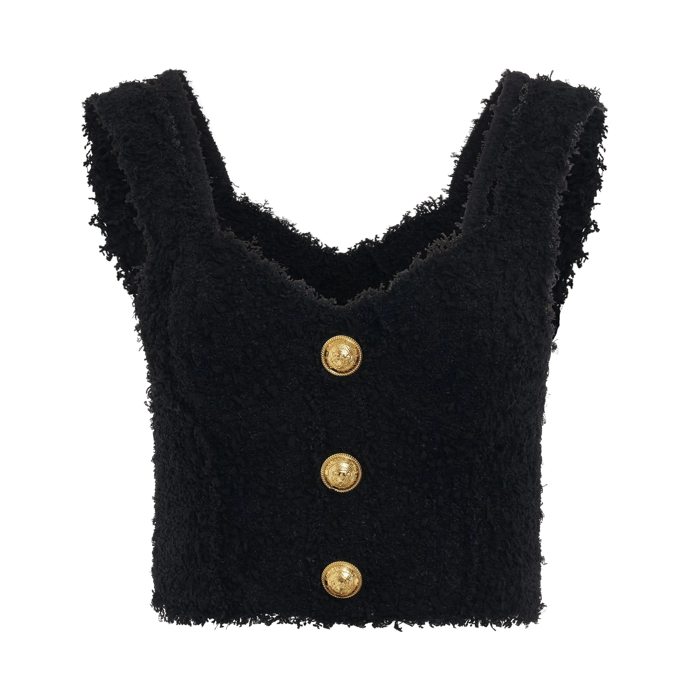 Strapped Tweed Cropped Top in Black sold by MARAIS