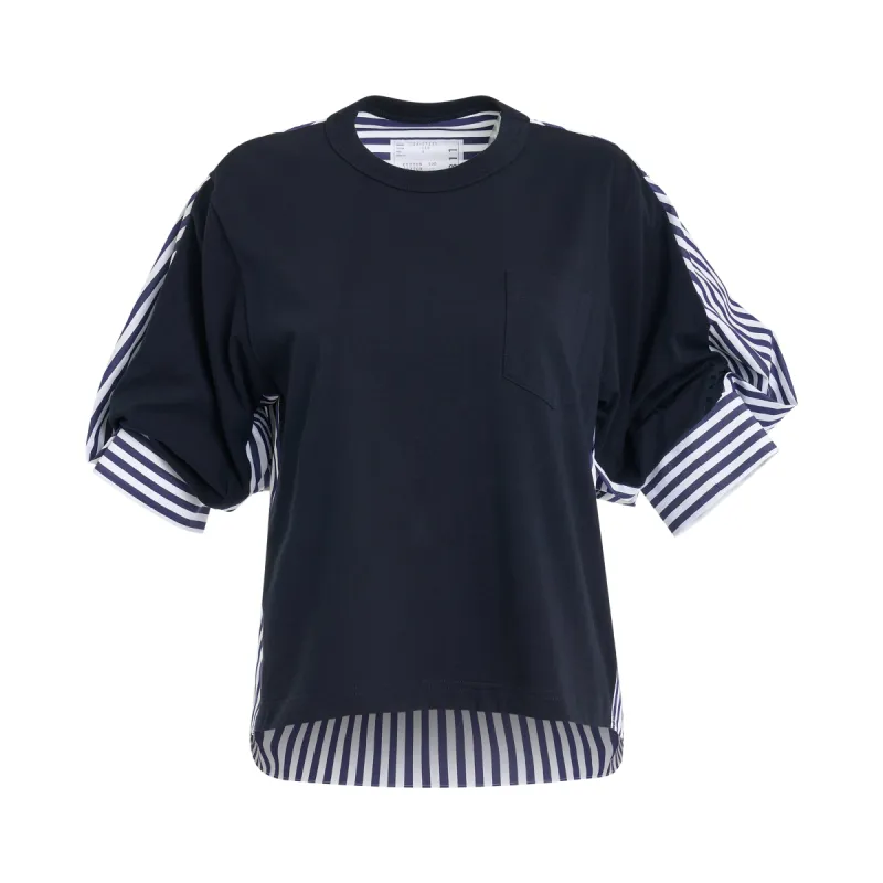 Cotton Poplin x Cotton Jersey T-Shirt in Navy/Navy Stripe sold by MARAIS