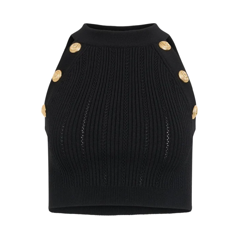 Sleeveless 6 Button Knit Crop Top in Black sold by MARAIS