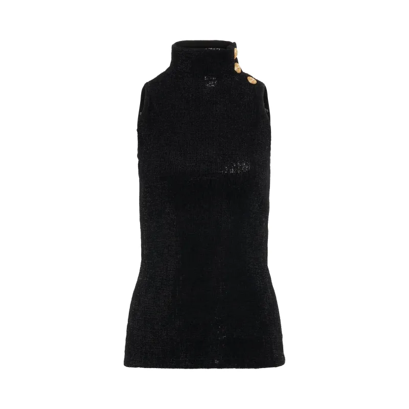 3 Button Sleeveless High Neck Sequin Top in Black sold by MARAIS