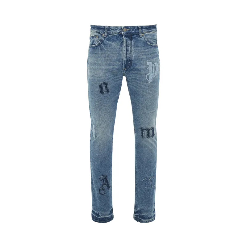 Logo Denim Patch 5 Pockets Pants in Light Blue sold by MARAIS