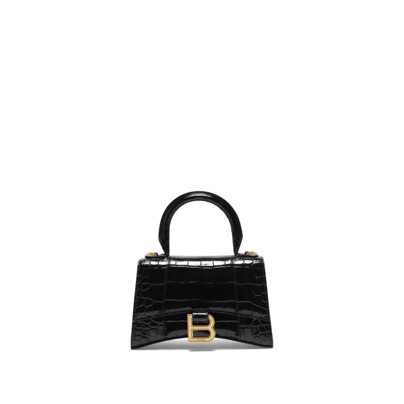 Hourglass XS Croco Embossed Bag in Black with Gold Plaque sold by MARAIS