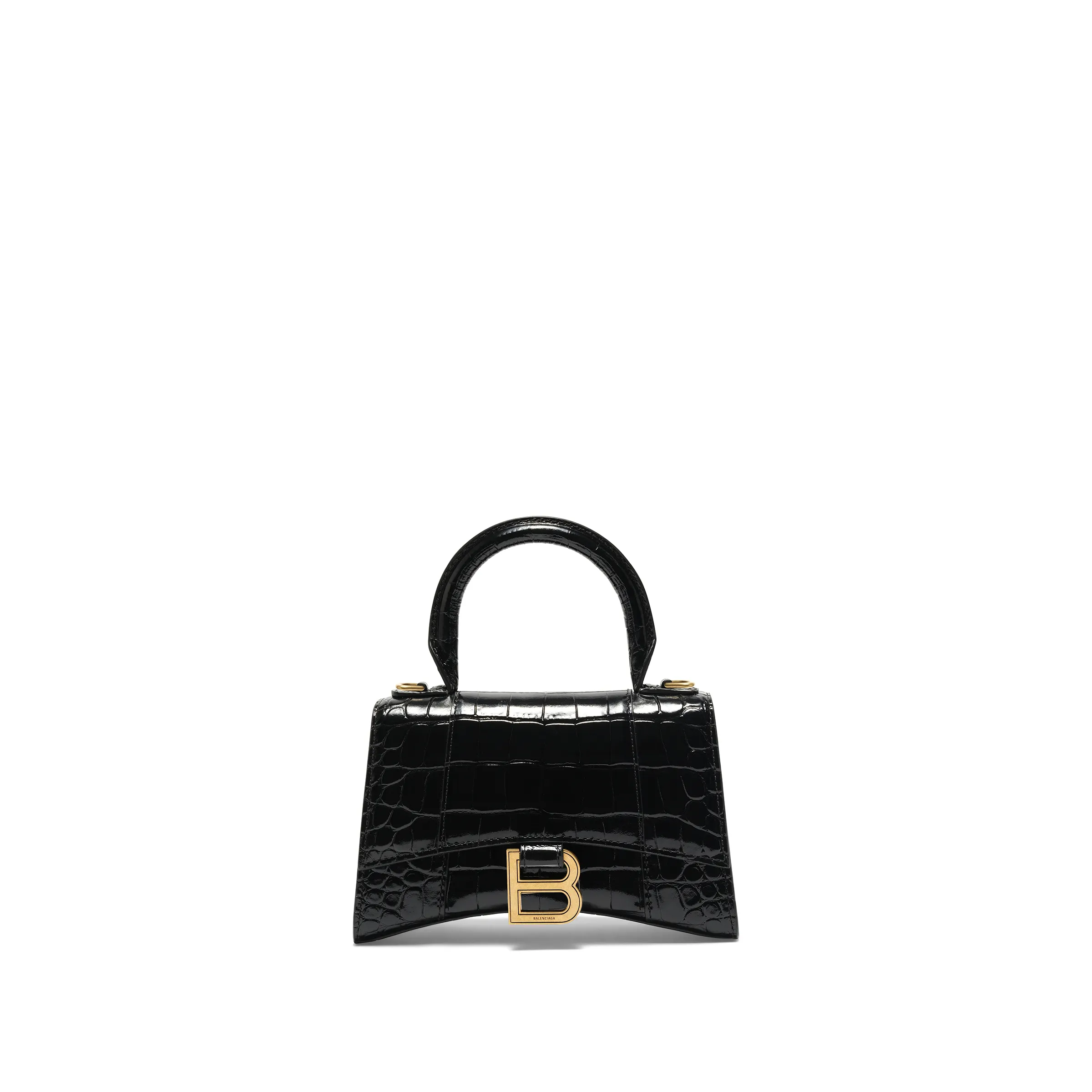 Hourglass XS Croco Embossed Bag in Black with Gold Plaque sold by MARAIS