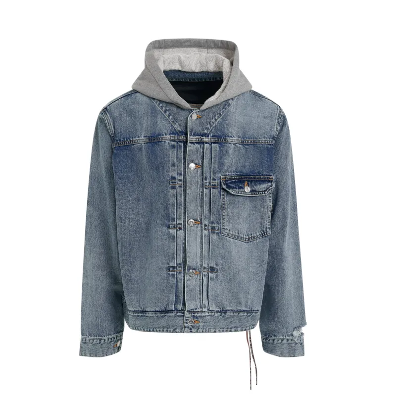 Hooded Logo Denim Trucker Jacket in Indigo sold by MARAIS