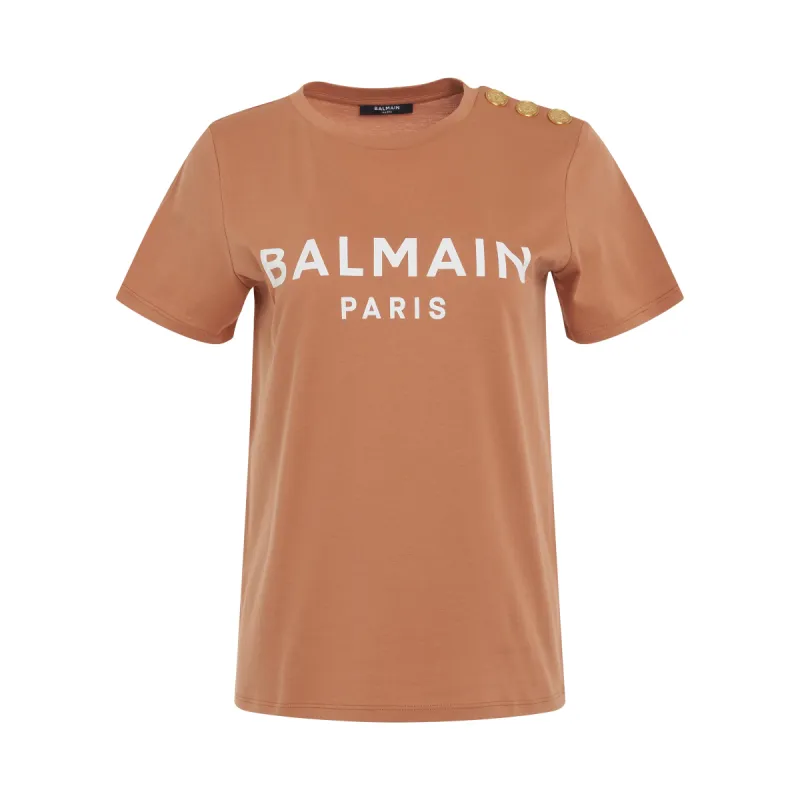 3 Button Printed Logo T-Shirt in Camel/Natural sold by MARAIS
