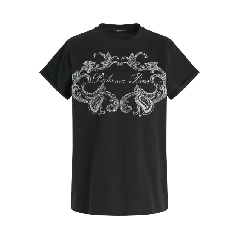 Balmain Signature Paisley Print T-Shirt in Black/Ivory made by MARAIS