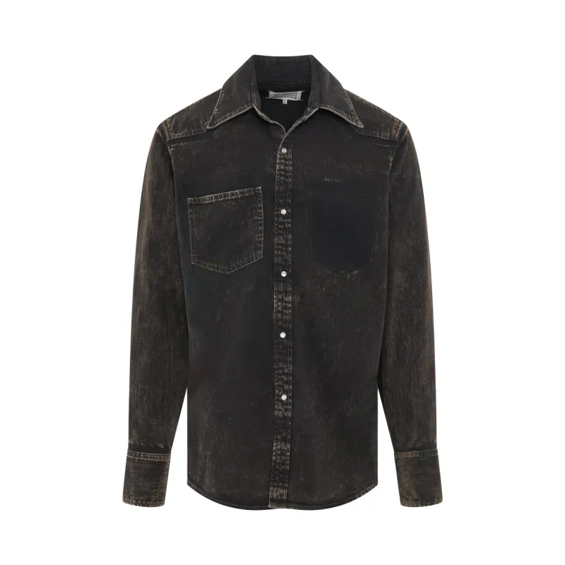1 Pocket Denim Shirt with MOP Buttons in Black sold by MARAIS
