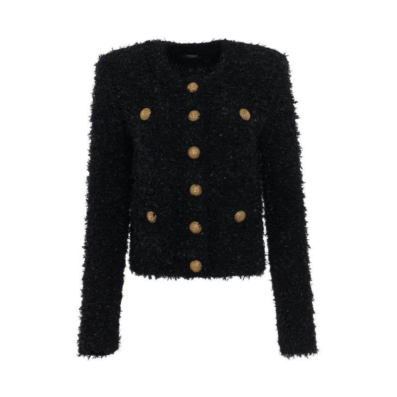 Collarless 4 Pockets Buttoned Tweed Jacket in Black sold by MARAIS